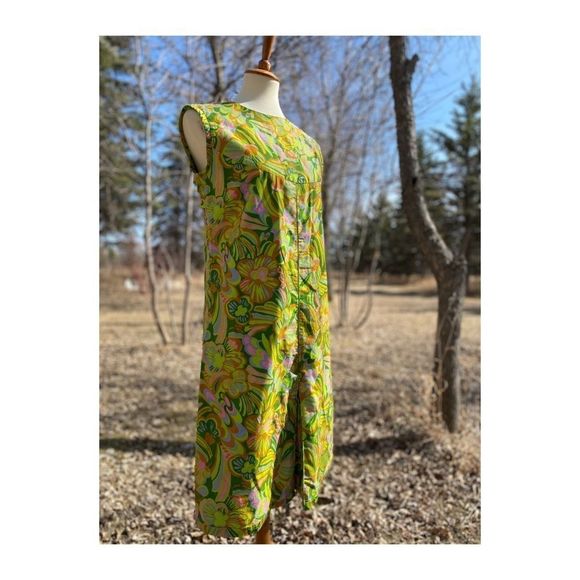 Vintage 60s Hawaiian Dress Psychedelic Cotton Sateen Mod - Picture 7 of 13